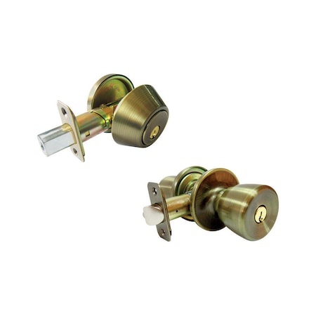 Faultless Faultless Tulip Antique Brass Entry Knob and Single Cylinder Deadbolt Right Handed BS8L1B